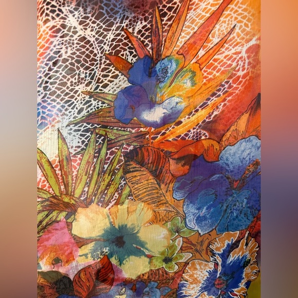 Fashion Fuse Orange and Blue Graphic Tie Front Blouse Beach Coverup Sheer - Picture 3 of 5